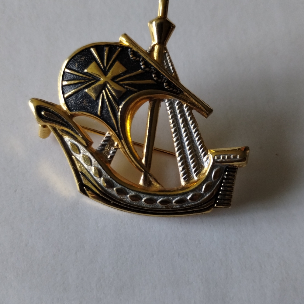 Gold and Black Ship Brooch Vintage